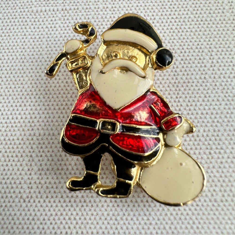 Vintage Enamel Santa Claus Brooch Pin Gold Tone Red & Black Christmas Holiday - Picture 2 of 4